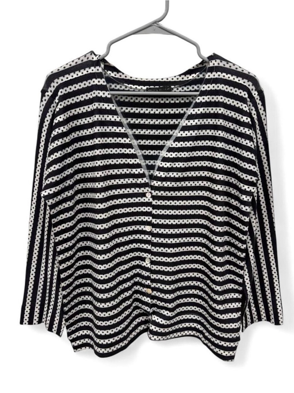 Nally & Millie Black White Striped Polka Dot Knit Button Down Cardigan Medium